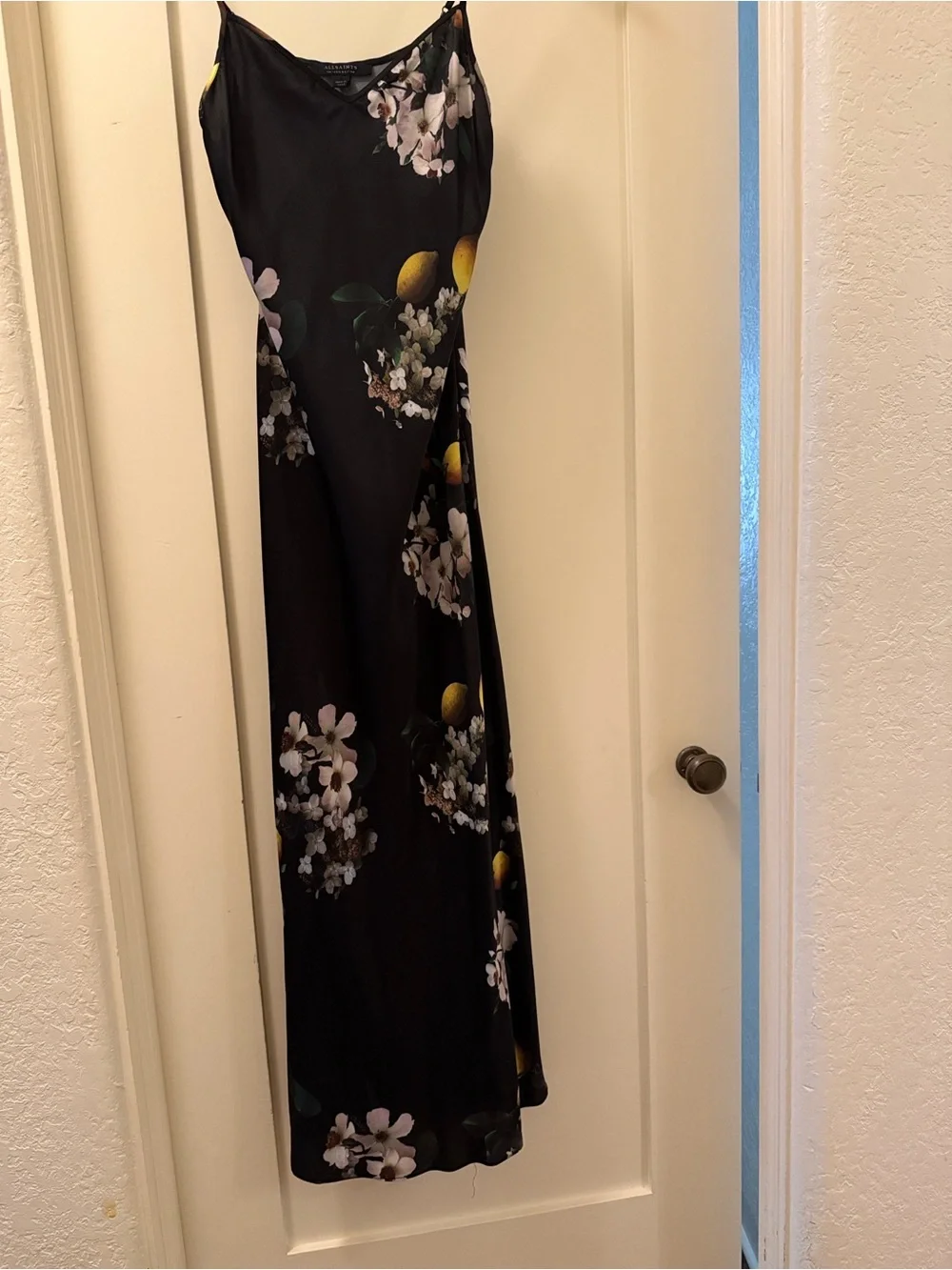 AllSaints Black Slip Maxi Dress with Lemon & White Floral Print - Picture 3 of 3